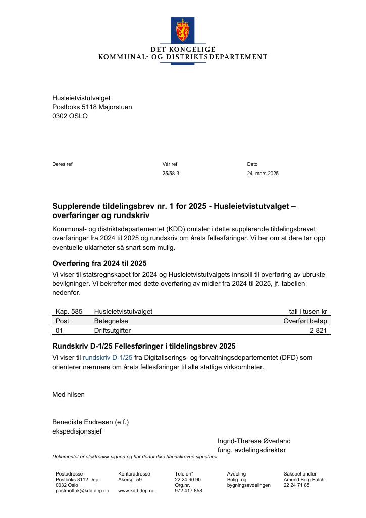 Forsiden av dokumentet Tildelingsbrev Husleietvistutvalget 2025 - tillegg nr. 1