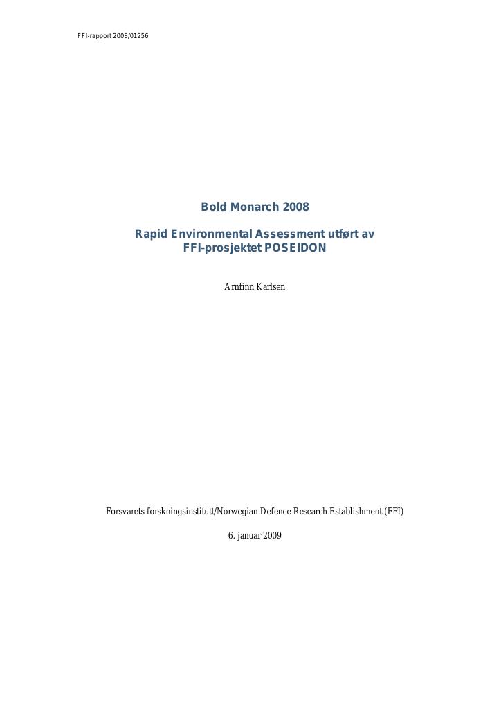 Forsiden av dokumentet Bold Monarch 2008 : Rapid Environmental Assessment utført av FFI-prosjektet POSEIDON