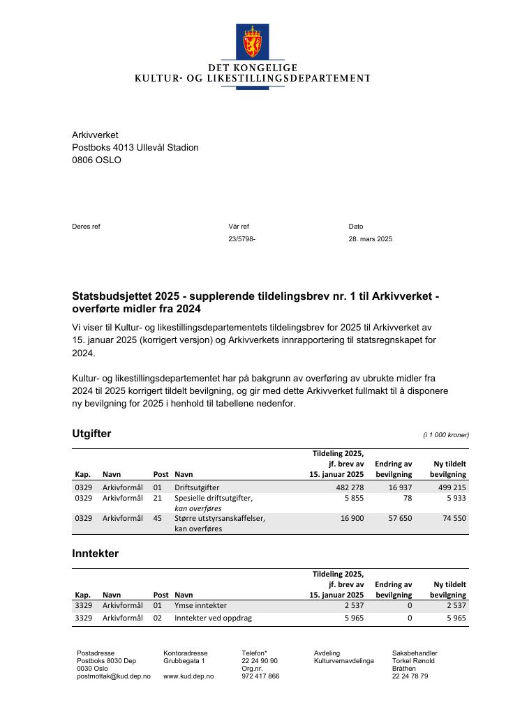 Forsiden av dokumentet Tildelingsbrev Arkivverket 2025 - tillegg nr. 1