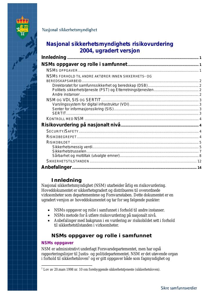 Forsiden av dokumentet Nasjonal sikkerhetsmyndighets risikovurdering 2004