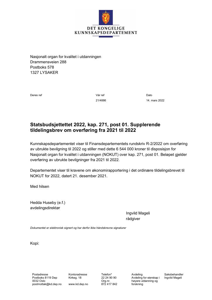 Forsiden av dokumentet Tildelingsbrev NOKUT 2022 - tillegg