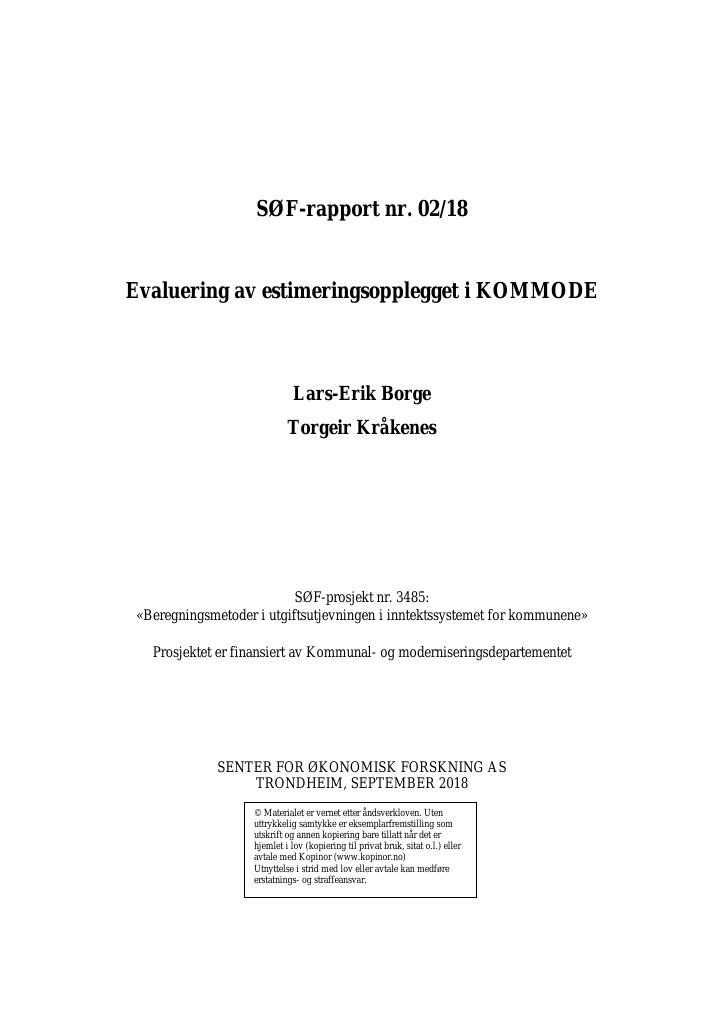 Forsiden av dokumentet Evaluering av estimeringsopplegget i KOMMODE