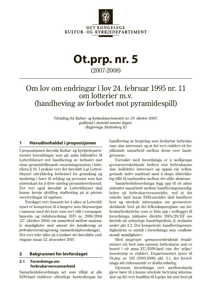 Forsiden av dokumentet Ot.prp. nr. 5 (2007-2008)