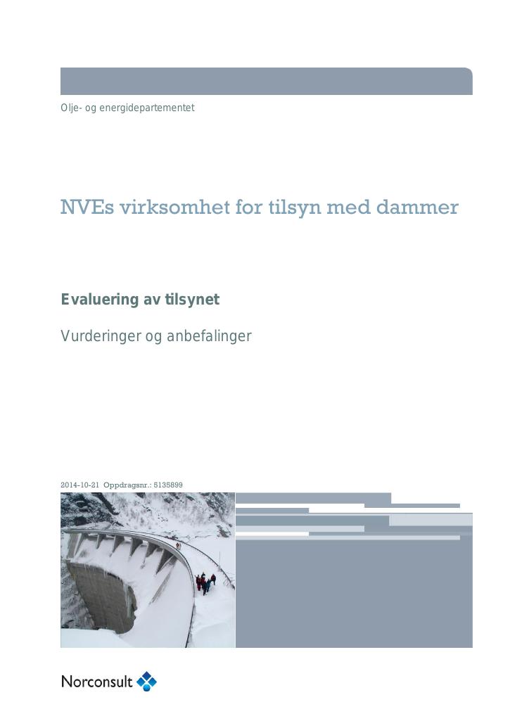 Forsiden av dokumentet NVEs virksomhet for tilsyn med dammer