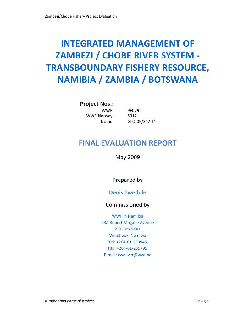 Forsiden av dokumentet Integrated Management of Zambezi / Chobe River System - Transboundary Fishery Resource, Namibia / Zambia / Botswana