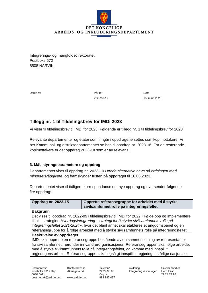 Forsiden av dokumentet Tildelingsbrev Integrerings- og mangfoldsdirektoratet (IMDi) 2023 - tillegg nr. 1 til nr. 7