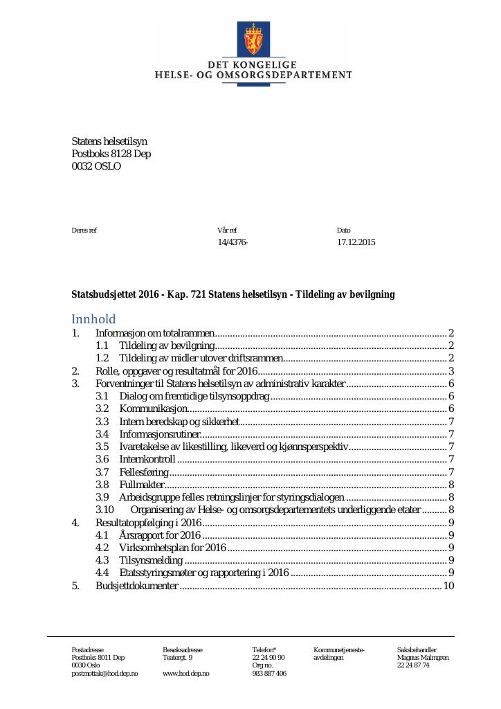 Forsiden av dokumentet Tildelingsbrev (pdf)