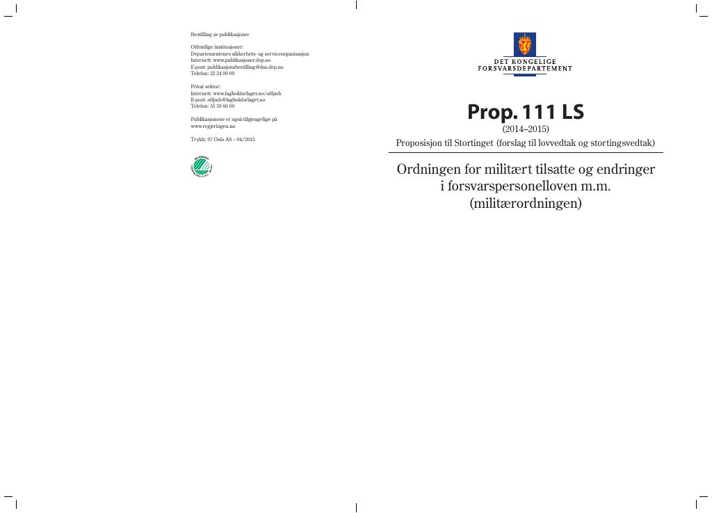 Forsiden av dokumentet Prop. 111 LS (2014-2015)