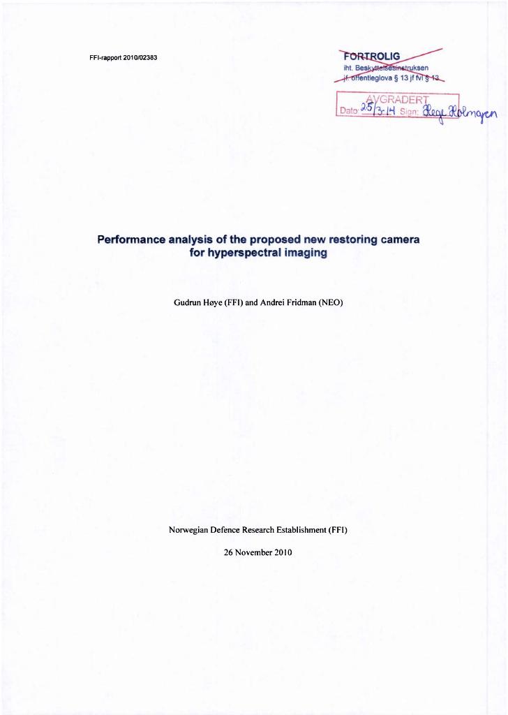 Forsiden av dokumentet Performance analysis of the proposed new restoring camera for hyperspectral imaging