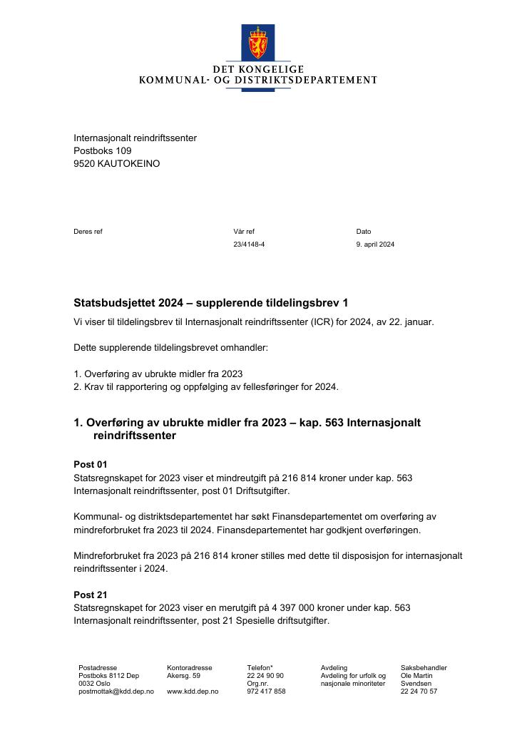 Forsiden av dokumentet Tildelingsbrev Internasjonalt reindriftssenter 2024. - tillegg