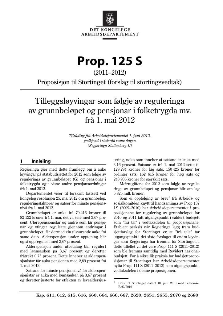 Forsiden av dokumentet Prop. 125 S (2011–2012)