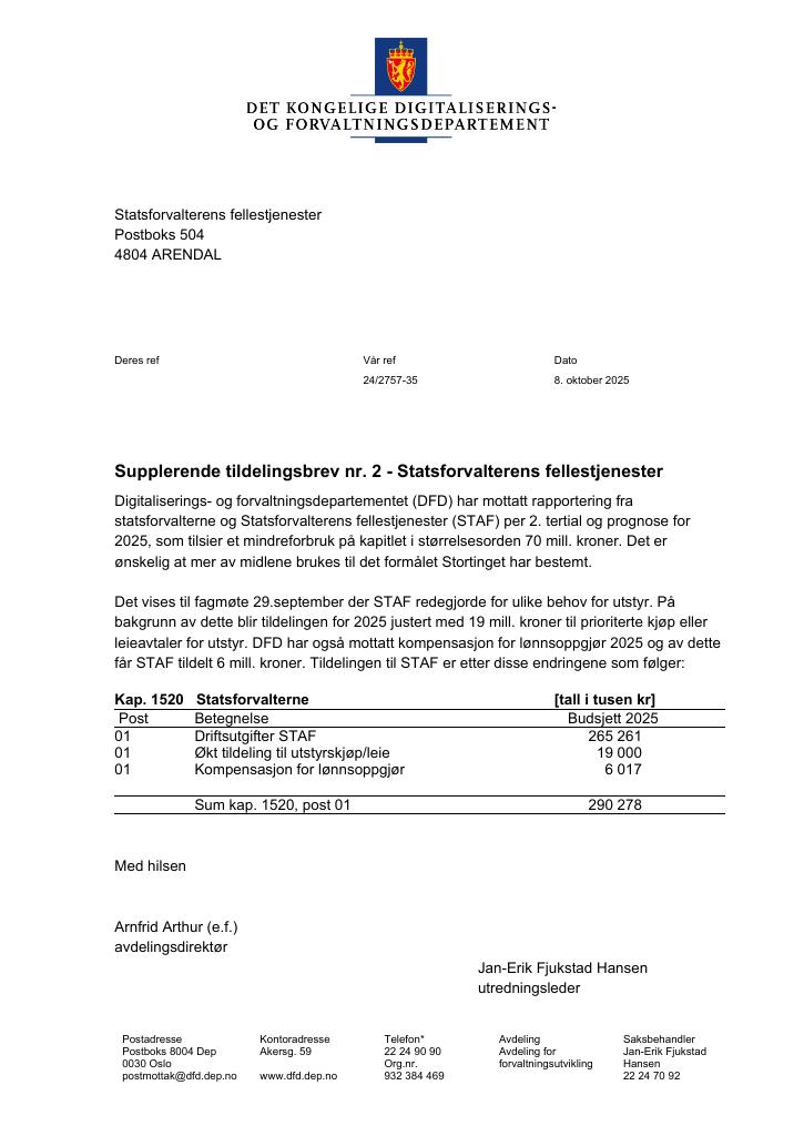 Forsiden av dokumentet Tildelingsbrev Statsforvalterens fellestjenester 2025 - tillegg nr. 2