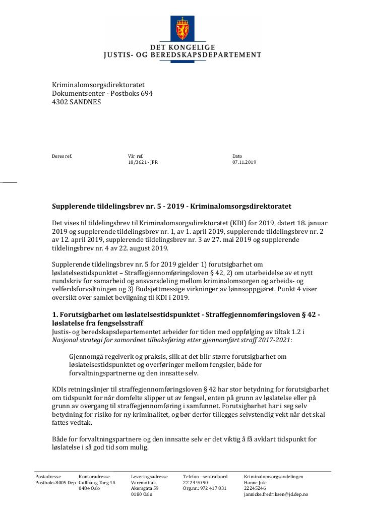 Forsiden av dokumentet Supplerende tildelingsbrev nr. 5 Kriminalomsorgsdirektoratet 2019