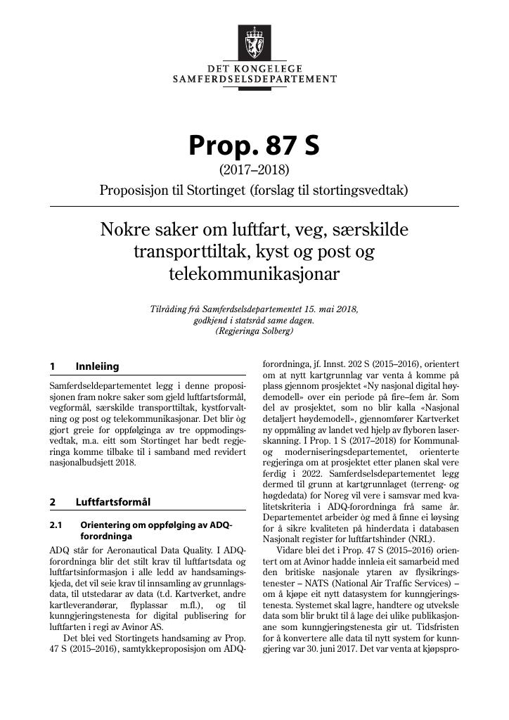 Forsiden av dokumentet Prop. 87 S (2017–2018)