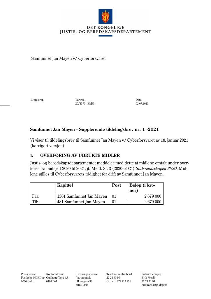 Forsiden av dokumentet Tildelingsbrev Samfunnet Jan Mayen 2021 - tillegg nr. 1