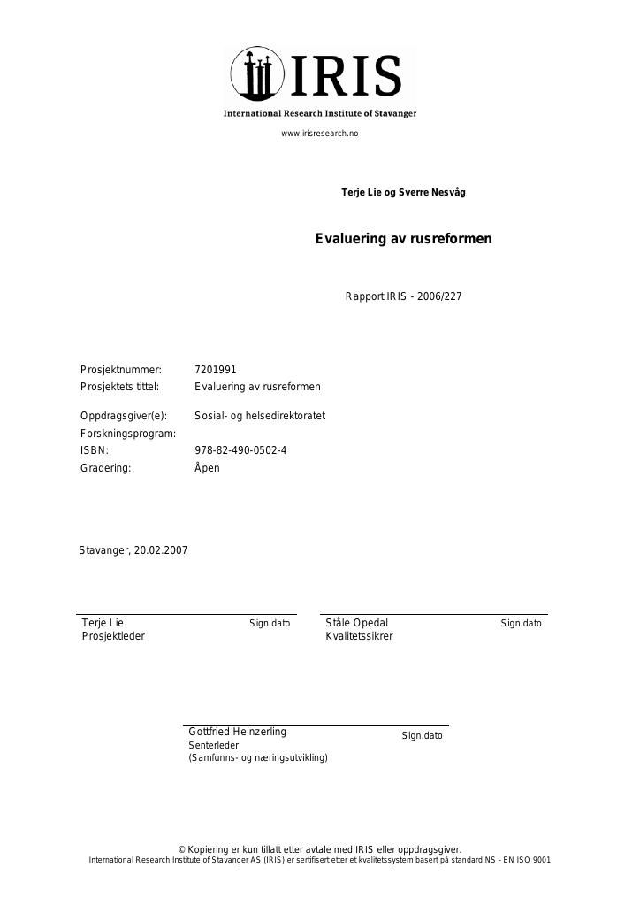 Forsiden av dokumentet Evaluering av rusreformen