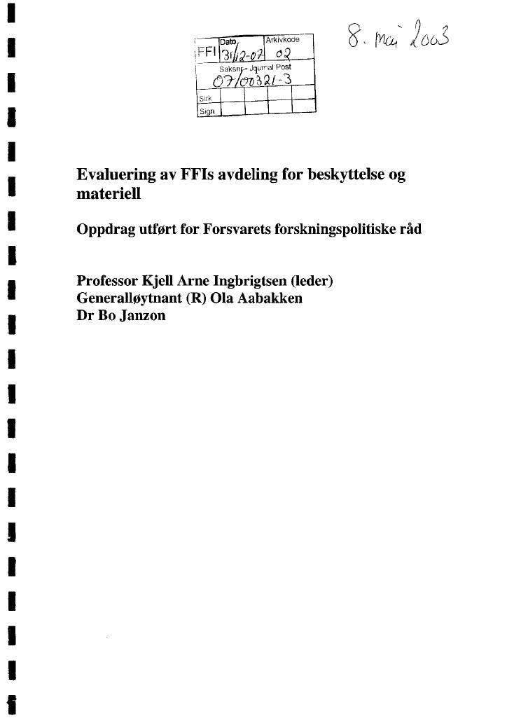 Forsiden av dokumentet Evaluering av FFIs avdeling for beskyttelse og materiell