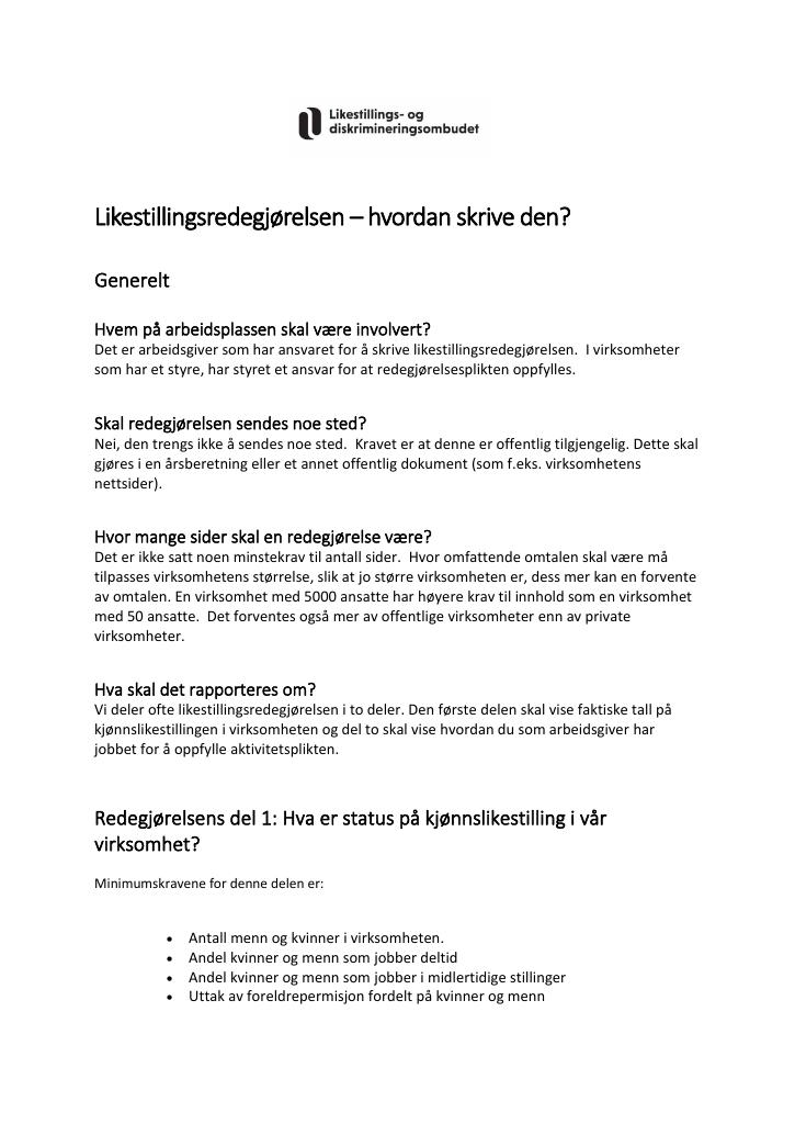 Forsiden av dokumentet Likestillingsredegjørelsen – hvordan skrive den?