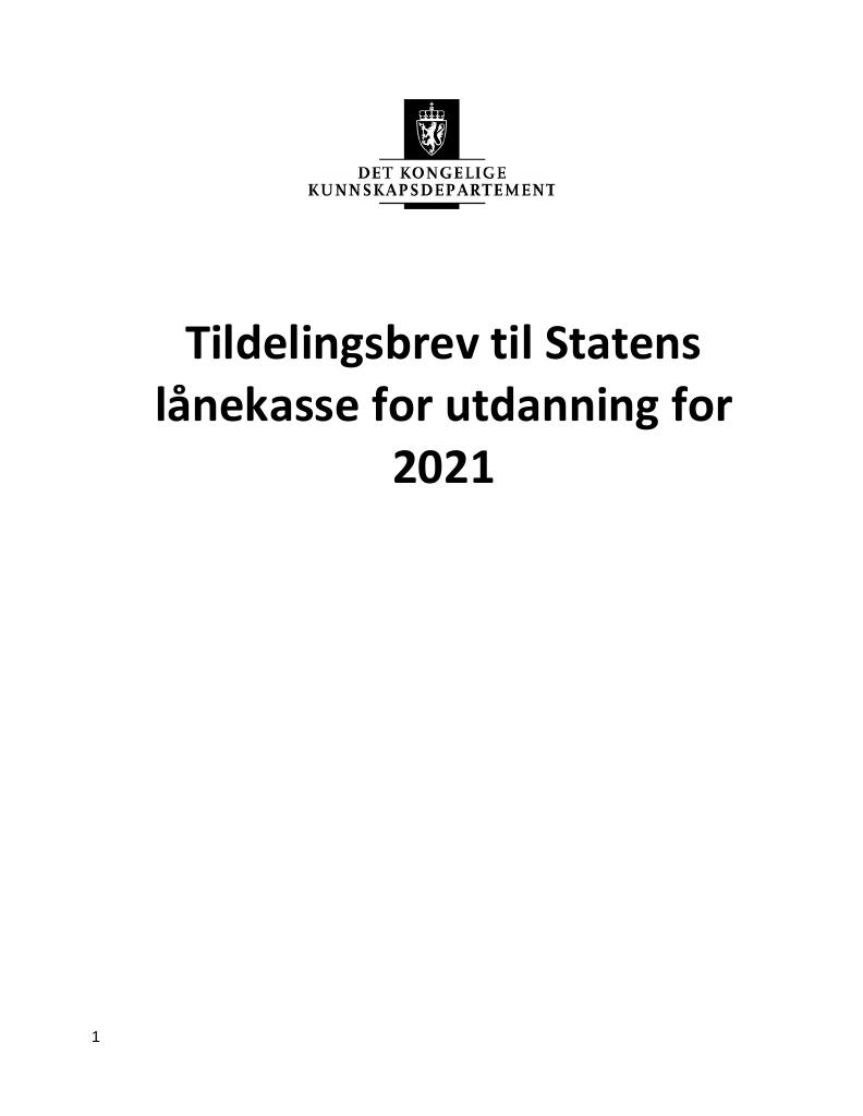 Forsiden av dokumentet Tildelingsbrev Lånekassen 2021