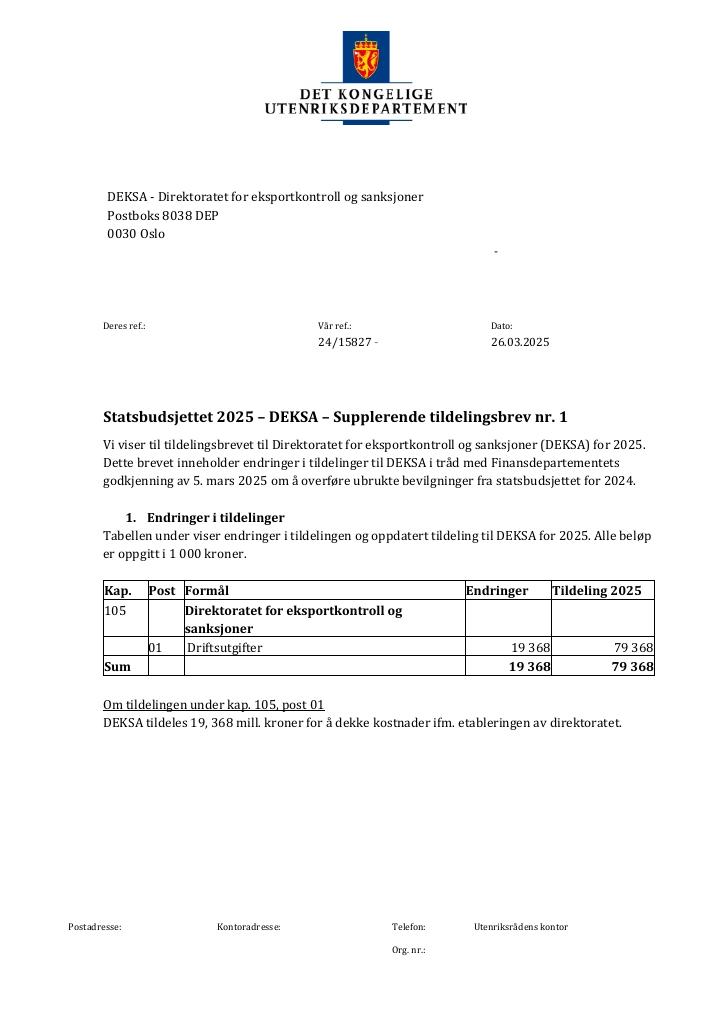Forsiden av dokumentet Tildelingsbrev Deksa 2025 - tillegg nr. 1