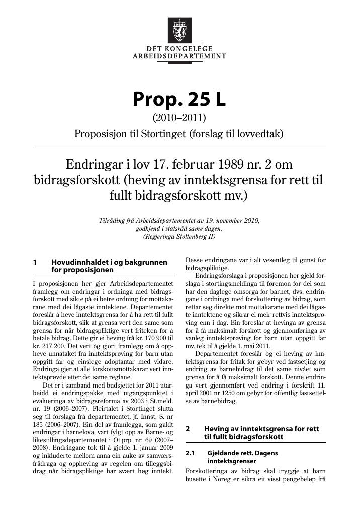 Forsiden av dokumentet Prop. 25 L (2010–2011)