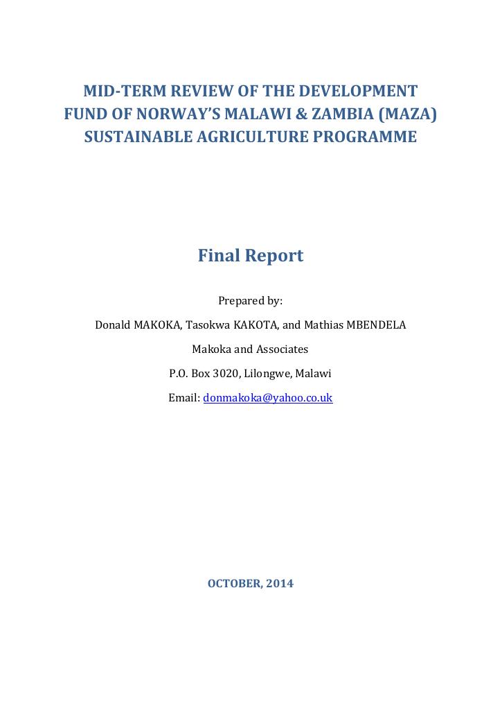 Forsiden av dokumentet Mid-Term Review of the Development Fund of Norway’s Malawi & Zambia (MAZA) Sustainable Agriculture Programme