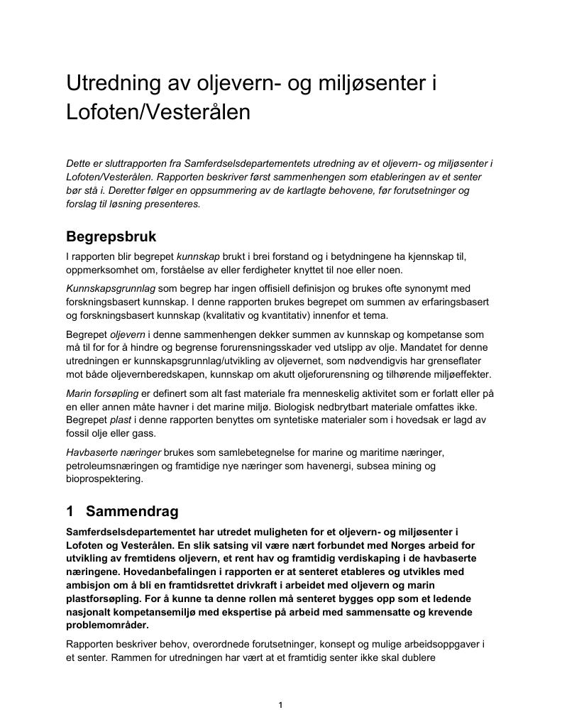 Forsiden av dokumentet Rapport om etableringen av oljevern- og miljøsenter i Lofoten/Vesterålen