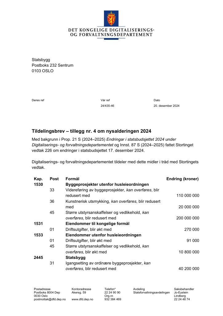Forsiden av dokumentet Tildelingsbrev Statsbygg 2024 - tillegg nr. 4