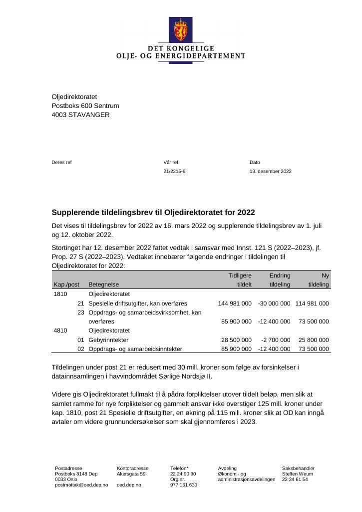 Forsiden av dokumentet Tildelingsbrev Oljedirektoratet 2022 - tillegg nr. 3