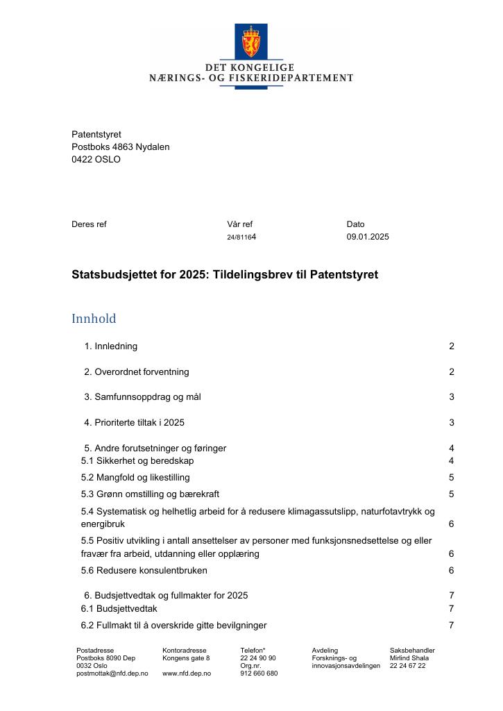 Forsiden av dokumentet Tildelingsbrev Patentstyret 2025