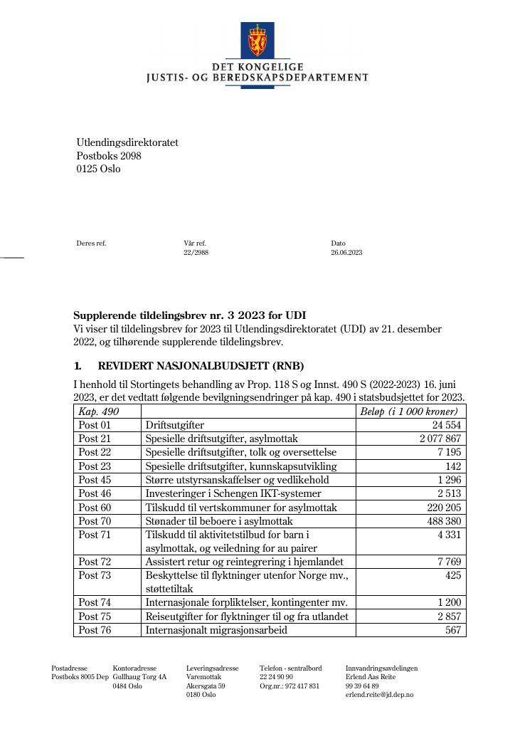 Forsiden av dokumentet Tildelingsbrev Utlendingsdirektoratet 2023 - tillegg nr. 3