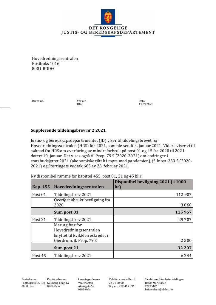 Forsiden av dokumentet Tildelingsbrev Hovedredningssentralen 2021 - tillegg nr. 2