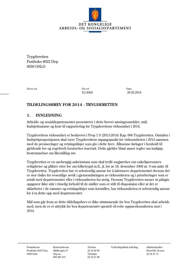 Forsiden av dokumentet Tildelingsbrev (PDF)