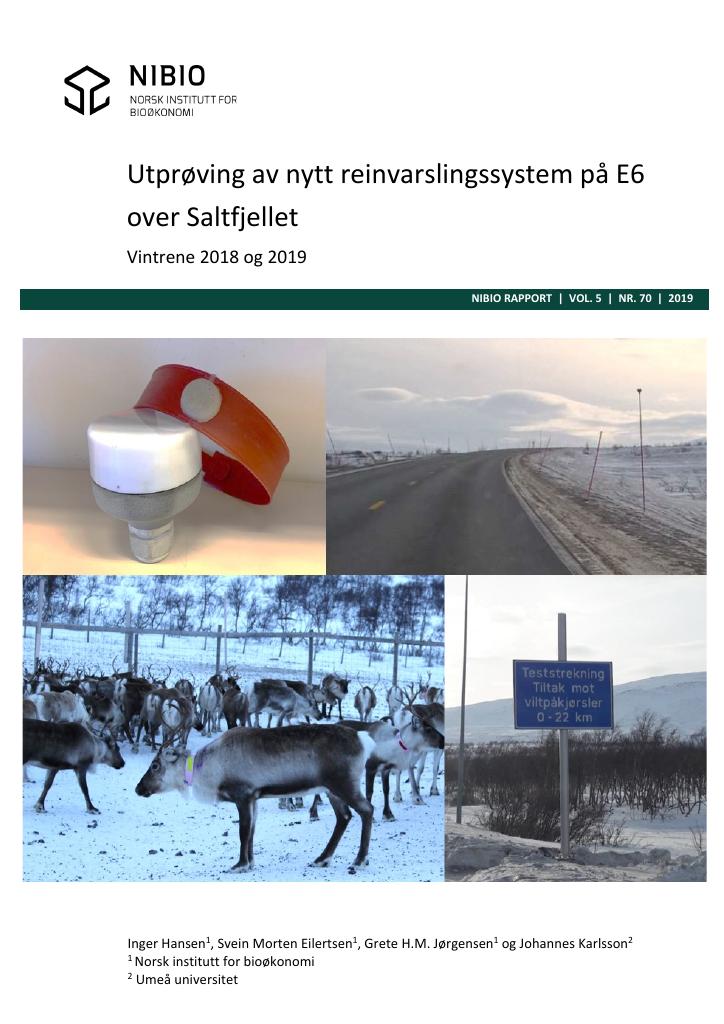 Forsiden av dokumentet Utprøving av nytt reinvarslingssystem på E6 over Saltfjellet. Vintrene 2018 og 2019.