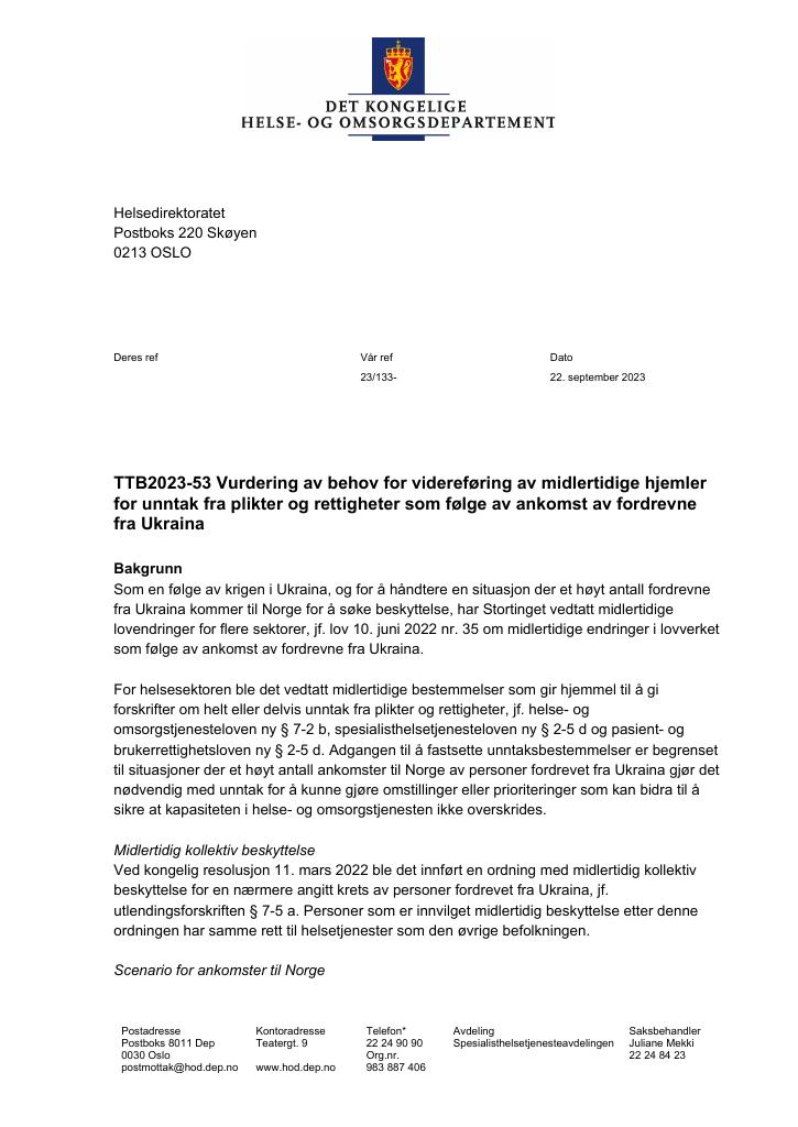 Forsiden av dokumentet Tildelingsbrev Helsedirektoratet 2023 - tillegg nr. 22