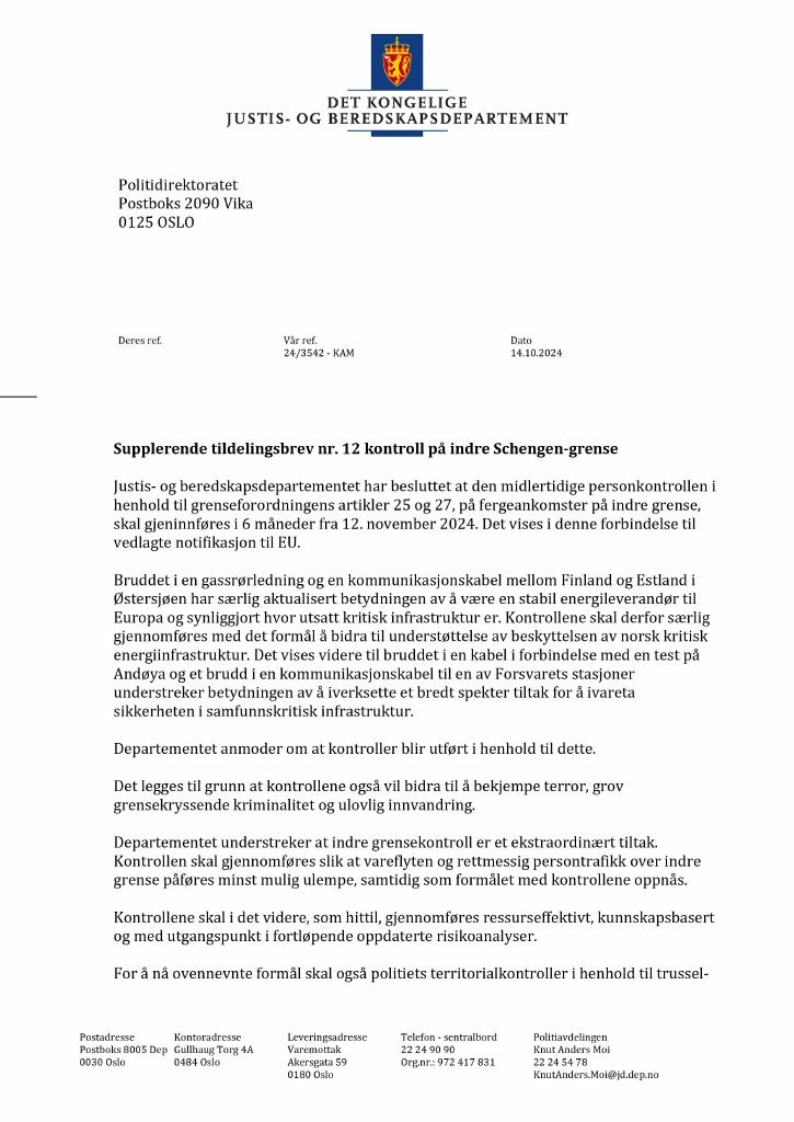 Forsiden av dokumentet Tildelingsbrev Politiet 2024 - tillegg nr. 12