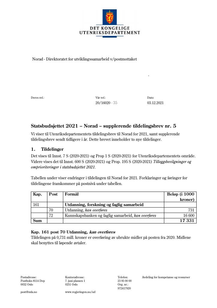 Forsiden av dokumentet Tildelingsbrev NORAD 2021 - tillegg nr. 5