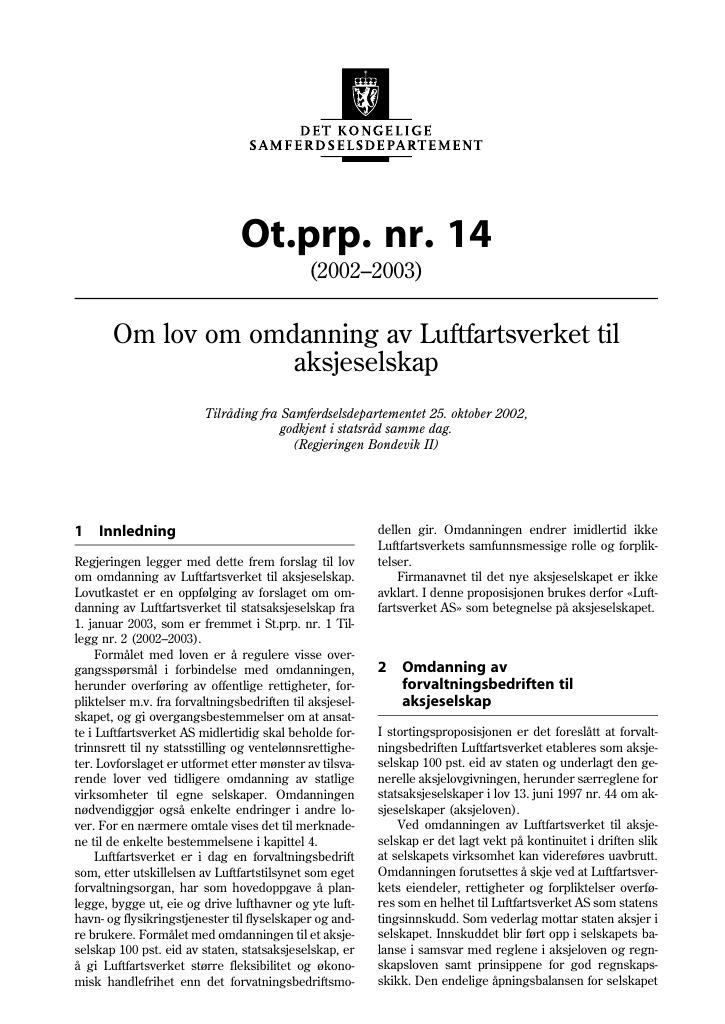 Forsiden av dokumentet Ot.prp. nr. 14 (2002-2003)