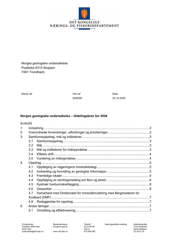 Forsiden av dokumentet Tildelingsbrev Norges geologiske undersøkelse (NGU) 2026