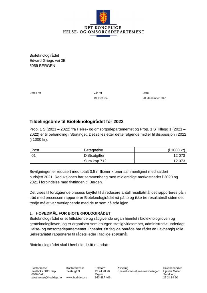 Forsiden av dokumentet Tildelingsbrev Bioteknologirådet 2022