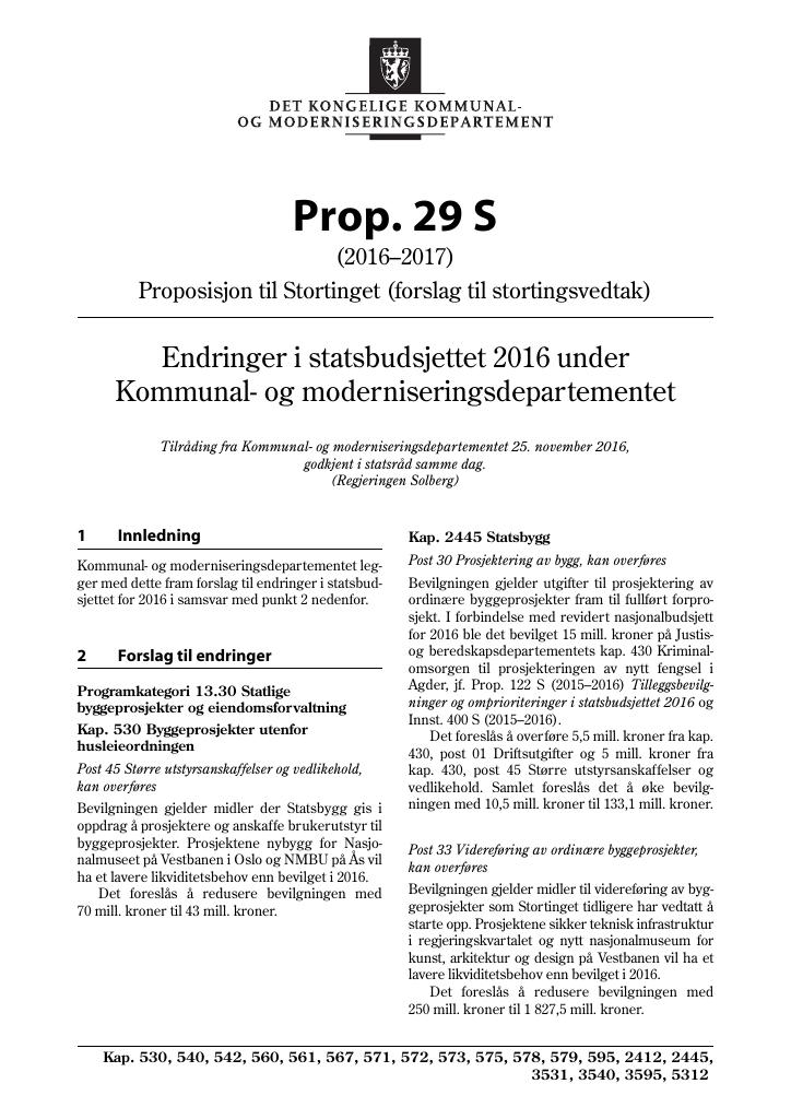 Forsiden av dokumentet Prop. 29 S (2016–2017)