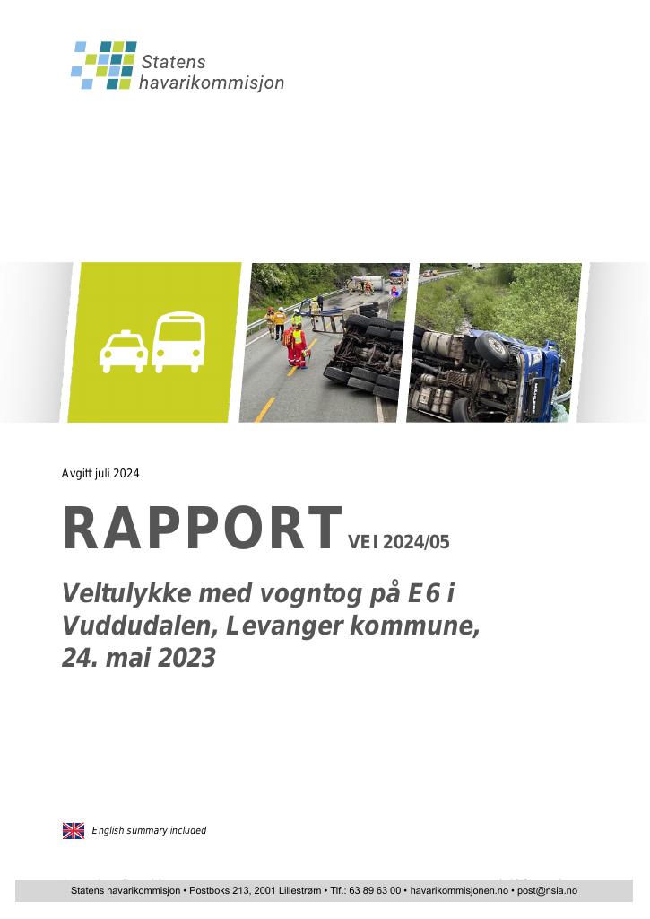 Forsiden av dokumentet Rapport om veltulykke med vogntog på E6 i Vuddudalen, Levanger kommune, 24. mai 2023