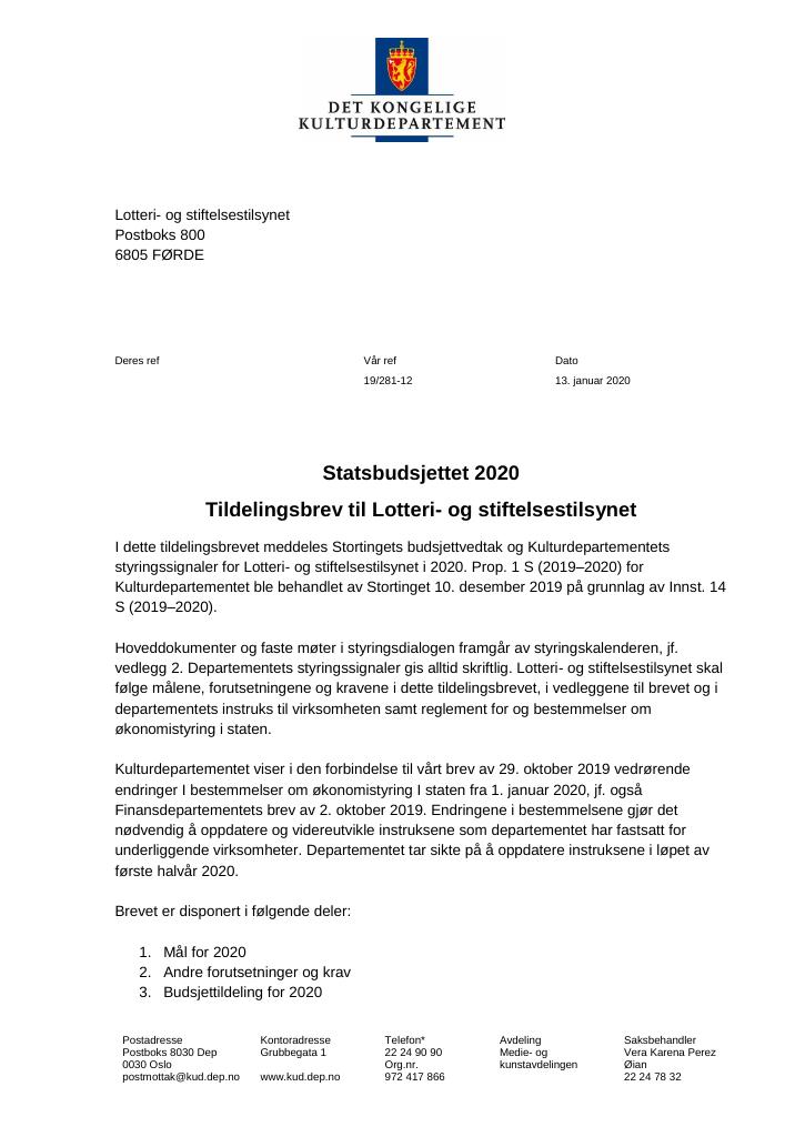 Forsiden av dokumentet Tildelingsbrev Lotteri- og stiftelsestilsynet 2020