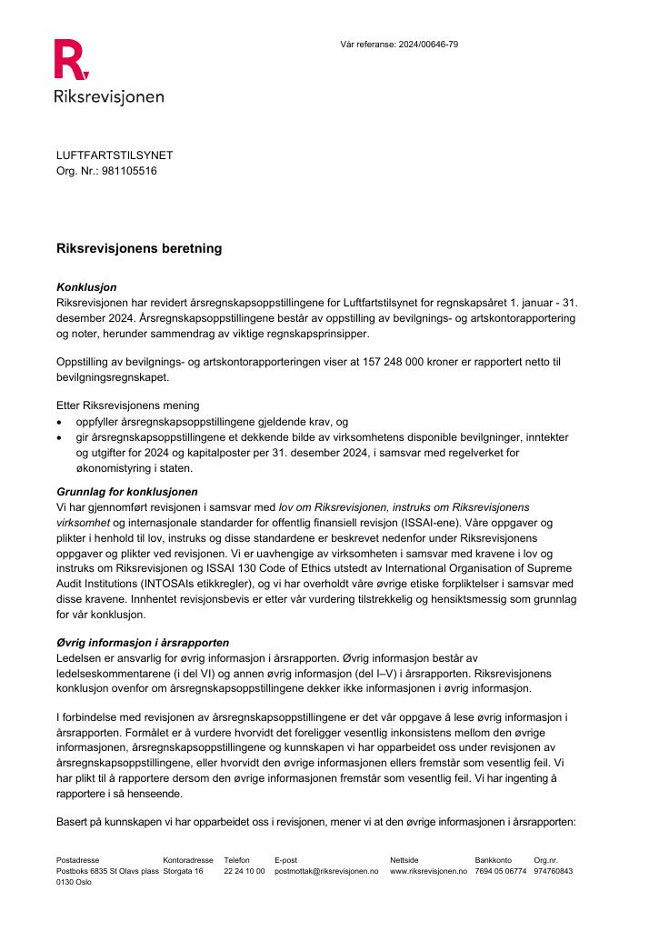 Forsiden av dokumentet Revisjonsberetning Luftfartstilsynet 2024