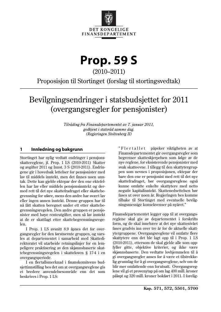 Forsiden av dokumentet Prop. 59 S (2010–2011)