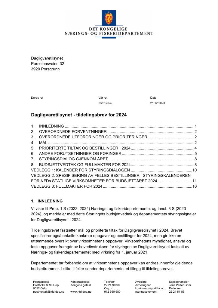 Forsiden av dokumentet Tildelingsbrev Dagligvaretilsynet 2024