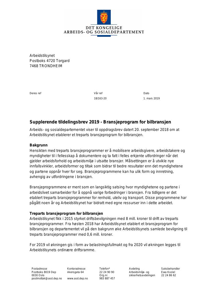 Forsiden av dokumentet Supplerende tildelingsbrev nr. 1 Arbeidstilsynet 2019