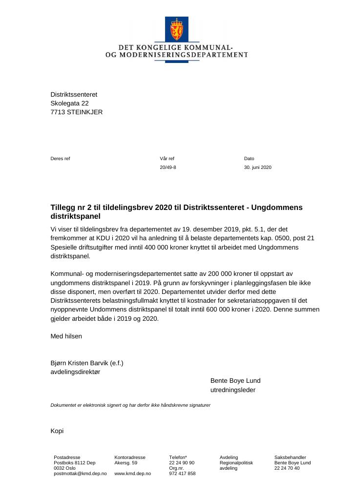 Forsiden av dokumentet Tildelingsbrev Distriktssenteret 2020 - tillegg nr. 2