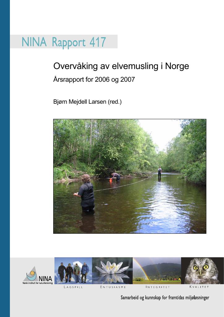 Forsiden av dokumentet Overvåking av elvemusling i Norge - årsrapport for 2006 og 2007