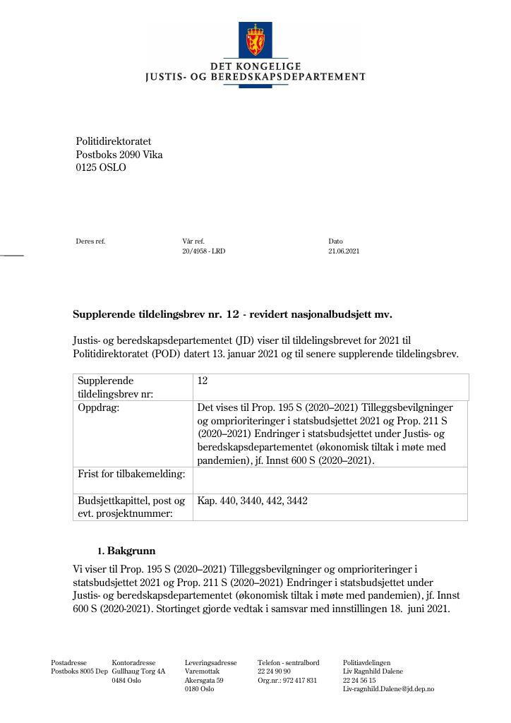 Forsiden av dokumentet Tildelingsbrev Politidirektoratet 2021 - tillegg nr. 12